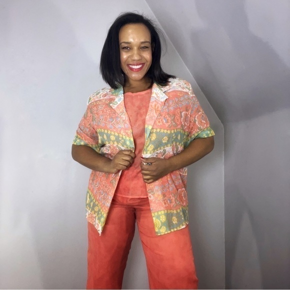 Vintage Vacay Co Ord Set Cotton Gauze Career Pantsuit Summer Matching Set USA 🇺🇸 - Picture 1 of 17